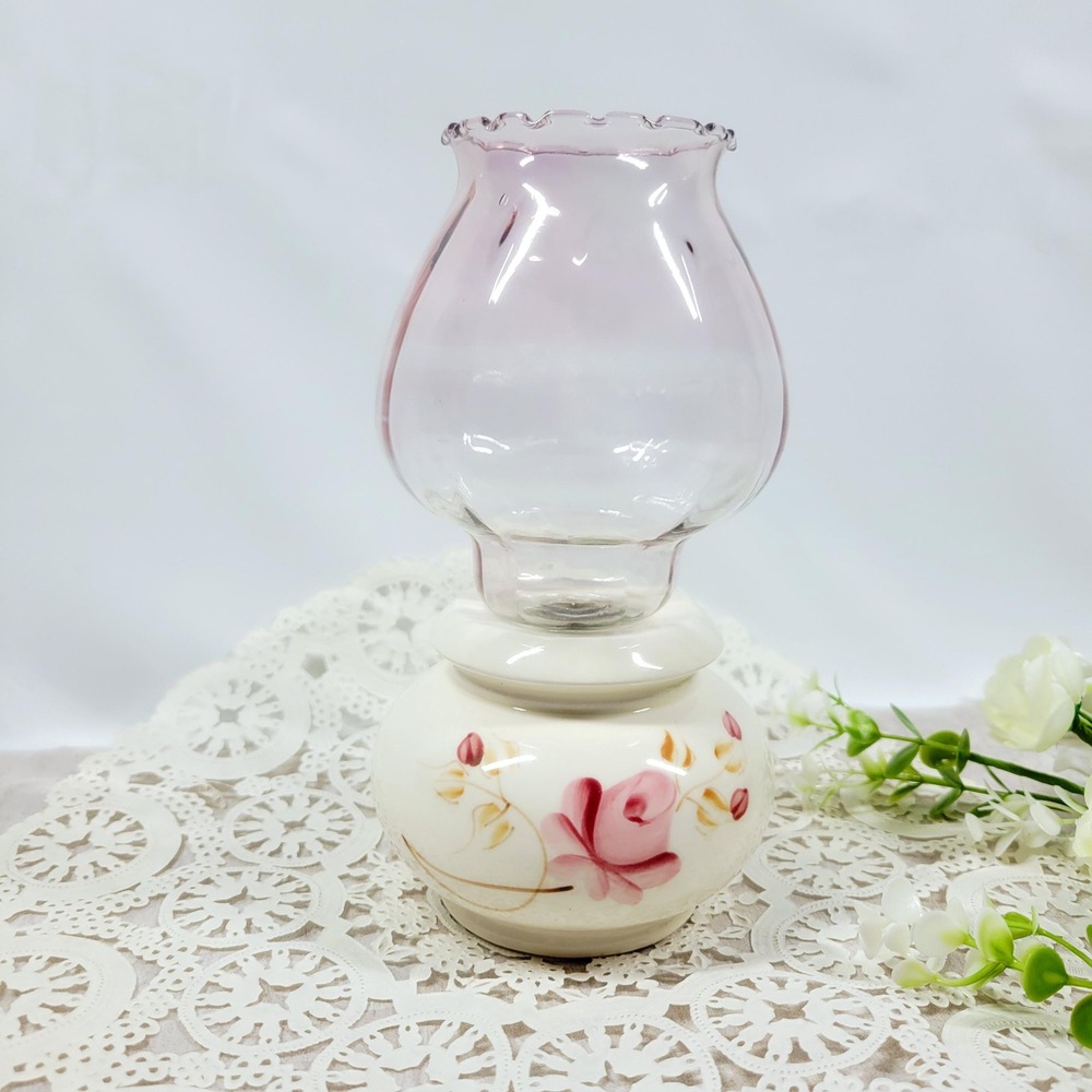 Vintage 80s Pink Blown Glass & Hand Painted Ceramic Rose Votive Candle Holder